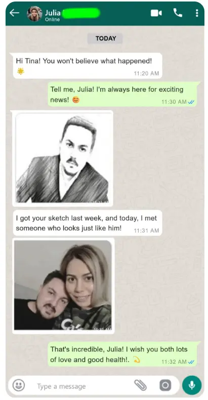 Visual testimonials highlighting customer reflections on a personalized soulmate sketch